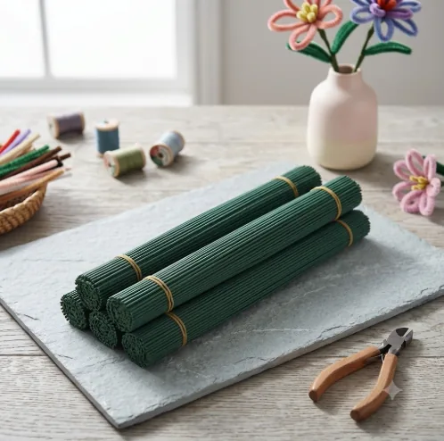 Bundled green floral stems for artificial flower craft projects