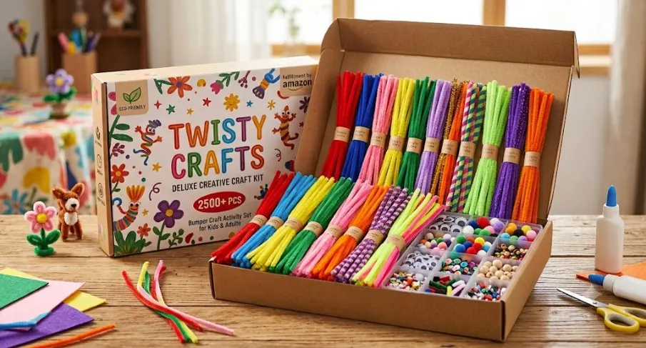 Retail-ready chenille stem craft kit packaging with mixed colors and accessories